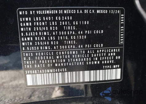 2021 Volkswagen Tiguan 2.0T Sel Premium R-Line from USA, damaged, VIN 3VV4B7AX0MM048456